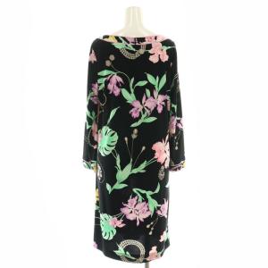 LEONARD Fashion カンカン素材 フラワープリントワンピース 38 ブラック