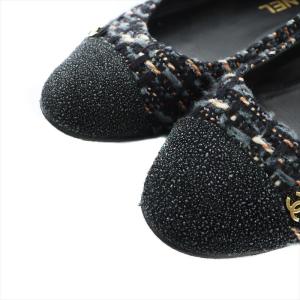 CHANEL Ballerines バレエシューズ グリッタートゥ ツイード 37 24cm ブラック