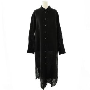 リネンシャツワンピース ロング 長袖 ブラック /DF OS