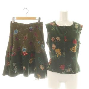 セットアップ オールドケンゾーヴィンテージベロアフラワー柄 ベスト フレアスカート 38 ダークグリーン