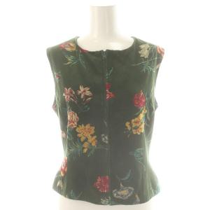 KENZO セットアップ オールドケンゾーヴィンテージベロアフラワー柄 ベスト フレアスカート 38 ダークグリーン