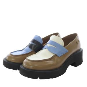 コインローファー チャンキーヒール プラットフォーム 厚底 レザー 36 ブラウン ブルー /YO9 SH