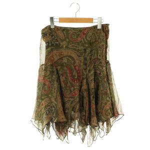 シフォン スカート 総柄 シルク 膝丈 緑 グリーン /SS OS