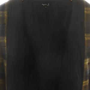 agnes b. チェック柄スタンドカラーコート ウール 1 黄色 紺 /MI OS SH