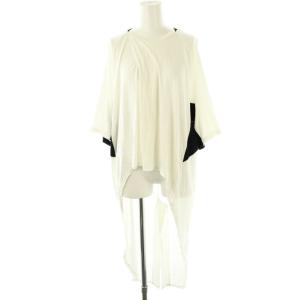 カットソー チュニック 七分袖 M ホワイト ブラック /DF OS