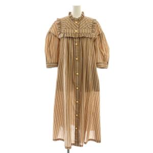 ストライプ柄 フリル シャツ ワンピース 前開き M 茶 白 紺 /CX OS