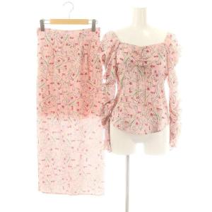 24SS セットアップ フラワープリントブラウス スカート フレア レース切替 F ピンク 赤 緑 /MI