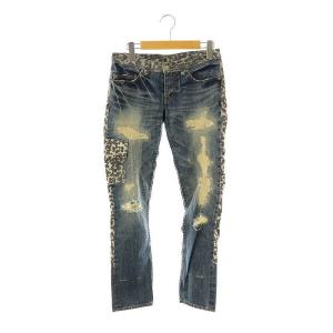 ヒョウ柄 ダメージ加工 切替 デニムパンツ ジーンズ スリム XS 青 グレー /MI OS