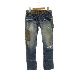 迷彩 切替 デニムパンツ ジーンズ スリム XS 青 ベージュ カーキ /MI OS