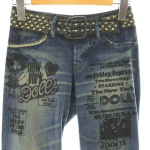 HYSTERIC GLAMOUR THE NEW YORK DOLLS デニムプリント 転写 ストレッチパンツ F インディゴブルー /CX