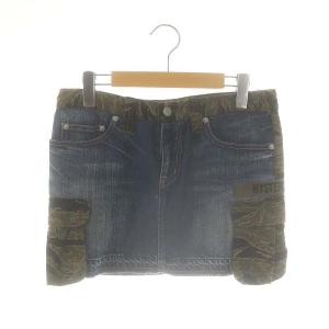 迷彩 切替 デニム ミニスカート M ブルー カーキ /HK OS