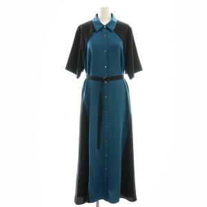 バイカラー半袖ワンピース ロング F ブラック ブルー /DF OS