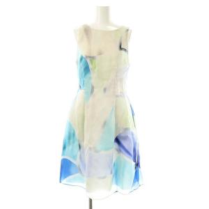 シルク 総柄 ノースリーブワンピース 膝丈 IT38 ライトグレー ブルー /HK OS