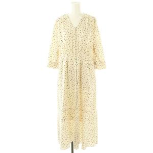 25SS ドットプリント Vネックマーメイドワンピース ロング 七分袖 36 アイボリー /HK OS