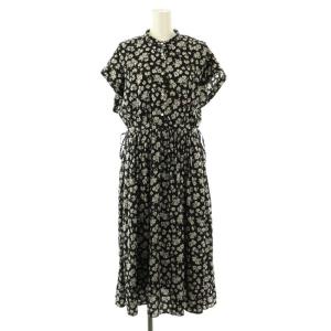 24SS ギャザーライトデシン ワンピース フレンチスリーブ ロング 花柄 2 黒 白 /NR OS