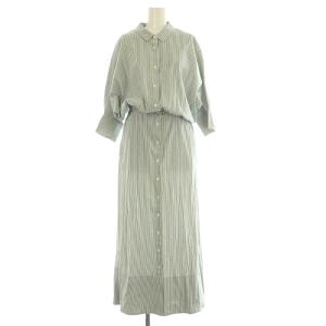 リネン ストライプ柄 シャツ ワンピース ドルマンスリーブ 七分袖 ロング 36 ブルー /MY OS
