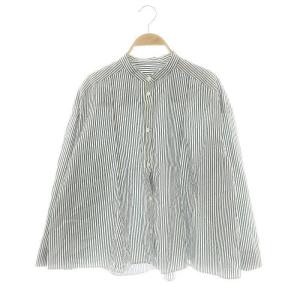 24AW バンドカラーオーバーブラウスストライプ 長袖 M 白 ホワイト 緑 グリーン /AT OS