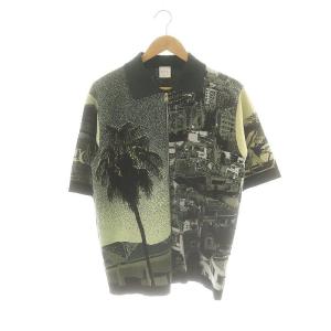 総柄 ジップアップ 五分袖 ニット カーディガン S 緑 グリーン /AT OS