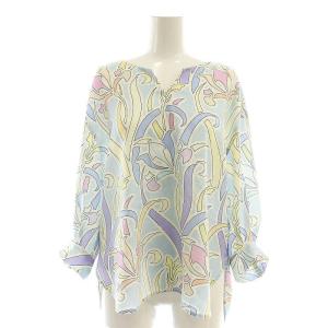 ヌーボーフラワープリントトップ ブラウス 七分袖 総柄 F 水色 /AT OS SH