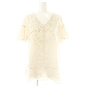 オーナメントフラワーチュニック ブラウス 半袖 36 ベージュ /AT OS