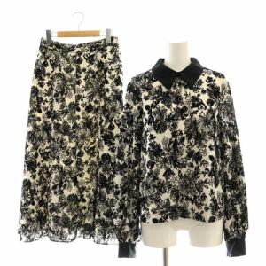 フラワーフロッキープリント セットアップ ブラウス フレアスカート 38 ブラック ホワイト /ES OS