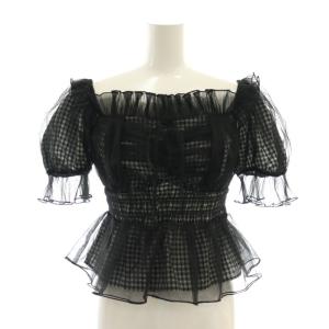 24SS ギャザーフリルオフショルブラウス ギンガムチェック 半袖 F 黒 ブラック 白 ホワイト /AT