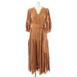 カットワークティアードワンピース ミモレ ロング 五分袖 36 オレンジ /AT OS