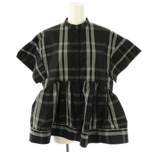 タフタ ステッチ ペプラム ブラウス チェック 半袖 ブラック /DF OS