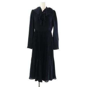 ボウタイプリーツワンピース マキシ ロング 長袖 36 紺 ネイビー /AT OS