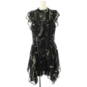 ノースリーブ フラワー シフォン ワンピース 膝丈 UK6 黒 /NR OS