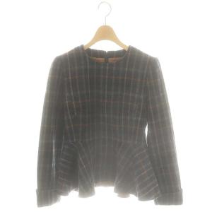 ウール チェック ペプラムブラウス 長袖 38 紺 ネイビー /AT OS