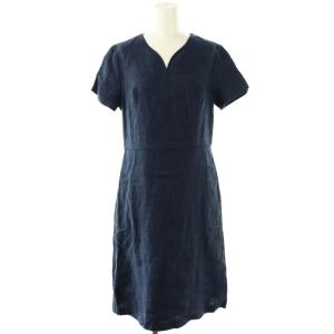 インディゴリネンワンピース 半袖 ミモレ ロング リネン 40 紺 /NR OS