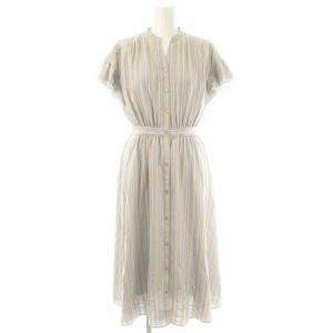 ドビーストライプ ラッフル ワンピース ロング 半袖 34 ベージュ /HK OS