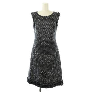 × TISSUE 22年 ツイードノースリーブワンピース ひざ丈 34 ネイビー ホワイト /DF OS