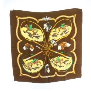 カレ90 猟犬 LE LAISSER COURRE スカーフ シルク 総柄 マルチカラー 茶色 ブラウン