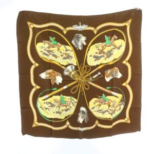 HERMES カレ90 猟犬 LE LAISSER COURRE スカーフ シルク 総柄 マルチカラー 茶色 ブラウン