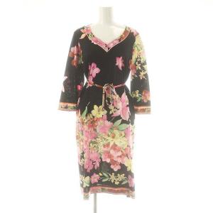FASHION 花柄 Vネック 七分袖 ワンピース LL ブラック マルチカラー