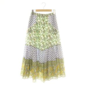 24SS インドパネルプリントトリミング ティアードスカート ギャザースカート 総柄 イエロー マルチカラー