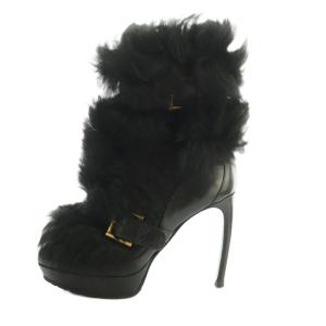 フェイクファー ショートブーツ ピンヒール 37 24.0cm 黒 /MI OS