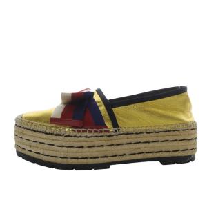 GUCCI スニーカー スリッポン エスパドリーユ プラットフォーム 厚底 リボンモチーフ レザー 38 ゴールド色