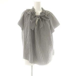 25SS 衿元フリルブラウス ストライプ 半袖 38 ブラック /HK OS