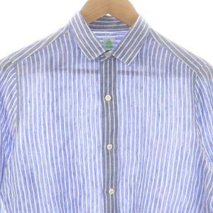 Finamore ストライプ柄リネンシャツ 長袖 スタンドカラー 38 青 ブルー 白 ホワイト /AT OS AD