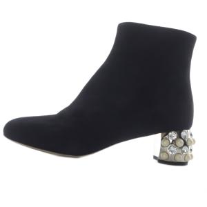 スエード ビジューヒール ショートブーツ 37 黒 ブラック /SR52