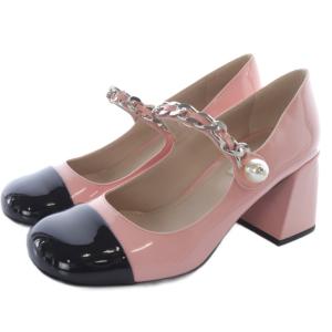 パテントレザー チェーン メリージェーン パンプス 36 ピンク ブラック