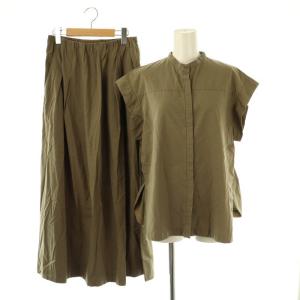 ギャザーデザインセットアップブラウススカート フレンチスリーブ ロング 38 カーキ /HK OS