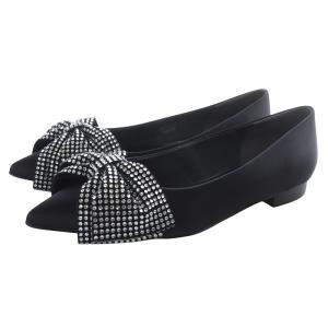 シー ラインストーンリボン フラット パンプス ポインテッドトゥ 24cm 黒 ブラック /SR13