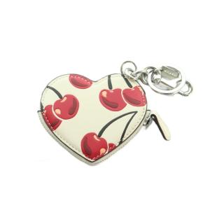 COACH ハート コイン ポーチ バッグ チャーム・チェリー プリント レザー 白 赤 /MI OS
