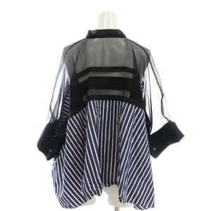 sacai ストライプ ブラウス 切替 五分袖 1 ネイビー 21-05718 /HK OS