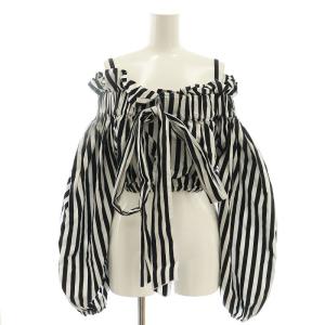 24SS プリントコットンパフスリーブクロップトップ ストライプ 36 ホワイト ブラック