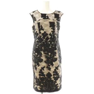 コードチュール刺繍タイトワンピース ひざ丈 ノースリーブ 36 ブラック ベージュ /DF OS